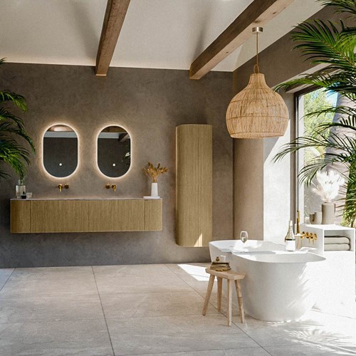 KURVE-DLUX 190cm mueble de baño curva Izquierda + Derecha color Dusk con 2 cajones y 2 puertas. Lavabo STOR SMALL Doble sin orificio Sombra.-3