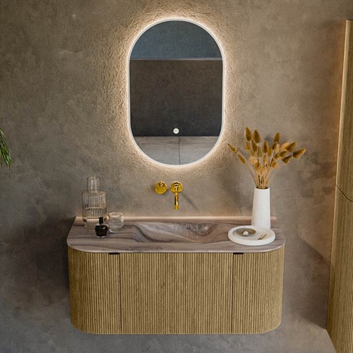 KURVE-DLUX 100cm mueble de baño curva Izquierda + Derecha color Dusk con 1 cajón y 2 puertas. Lavabo GRUNNE Centro sin orificio Sombra.-2