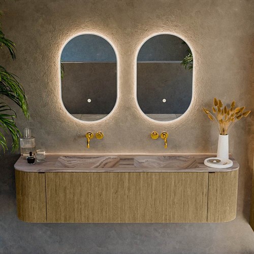 KURVE-DLUX 170cm mueble de baño curva Izquierda + Derecha color Dusk con 1 cajón y 2 puertas. Lavabo LEAF Doble sin orificio Sombra.-2