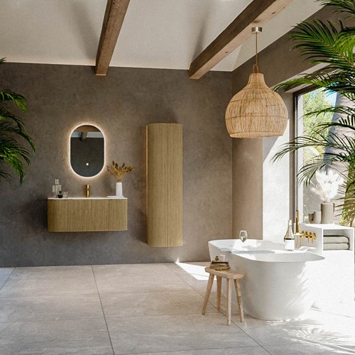 KURVE 100cm meubles de salle de bains courbe Gauche + Droite couleur Dusk avec 1 tiroir et 2 portes. Lavabo GRUNNE Centrée 1 trou pour robinetter, couleur Talc.-3