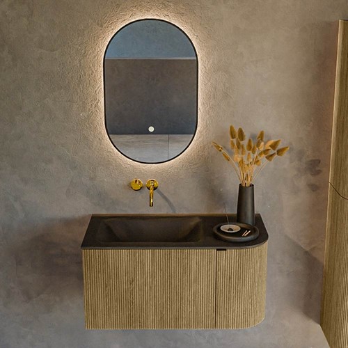 KURVE 85cm badmeubel ronding Rechts kleur Dusk met 1 lade en 1 deur. Wastafel CLOUD Links zonder kraangat Urban.-2