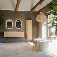 KURVE-DLUX 150cm mueble de baño color Oak con 2 cajones y sin puerta. Lavabo STOR SMALL Doble 2 orificios Sombra.-3