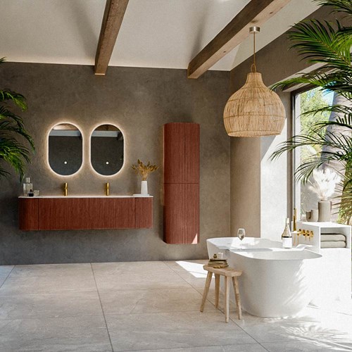KURVE-DLUX 170cm mobili da bagno curva Sinistra + Destra colore Ruby con 1 cassetto e 2 porte. Lavabo BIG LARGE Centro 2 fori del rubinetto, colore Frappe.-3