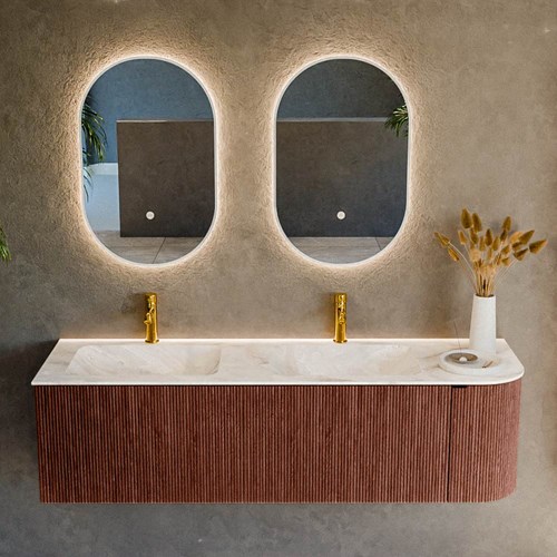 KURVE-DLUX 155cm bathroom vanity set curve Right color Ruby with 2 drawers and 1 door. Vanity top LEAF Double / Left 2 tab holes, color Frappe.-2