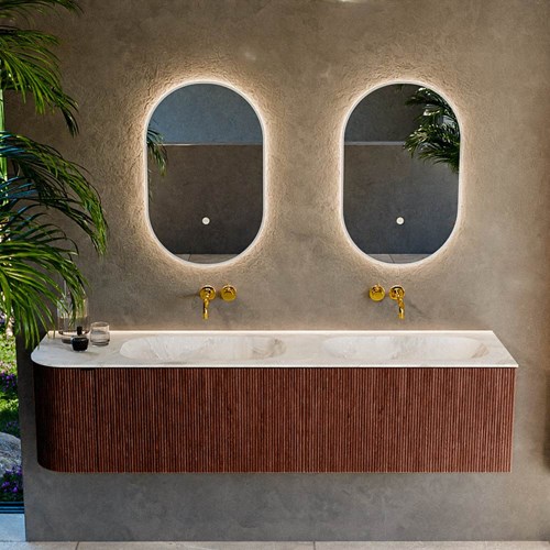 KURVE-DLUX 175cm badmöbel kurve Links farbe Ruby mit 2 schubladen und 1 tür. Einbauwaschbecken STOR SMALL Doppelt / Rechts kein hahnloch Frappe.-2