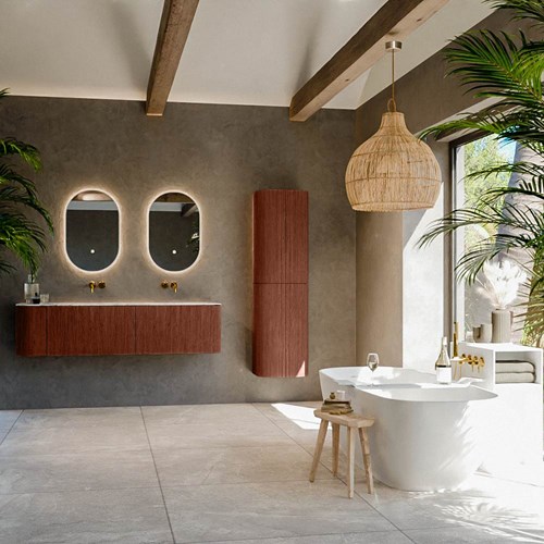 KURVE-DLUX 165cm meubles de salle de bains courbe Gauche couleur Ruby avec 2 tiroirs et 1 porte. Lavabo STOR SMALL Double / Droite sans trou pour robinet, couleur Glace.-3