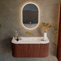 KURVE-DLUX 100cm badmeubel ronding Links + Rechts kleur Ruby met 1 lade en 2 deuren. Wastafel GRUNNE Midden zonder kraangat Glace.-2