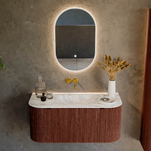 KURVE-DLUX 100cm badmeubel ronding Links + Rechts kleur Ruby met 1 lade en 2 deuren. Wastafel GRUNNE Midden zonder kraangat Glace.-2
