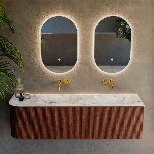 KURVE-DLUX 155cm meubles de salle de bains courbe Gauche couleur Ruby avec 2 tiroirs et 1 porte. Lavabo LEAF Double / Droite sans trou pour robinet, couleur Glace.-2