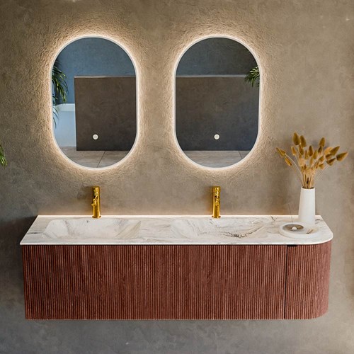 KURVE-DLUX 155cm bathroom vanity set curve Right color Ruby with 2 drawers and 1 door. Vanity top LEAF Double / Left 2 tab holes, color Glace.-2