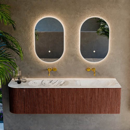KURVE-DLUX 165cm meubles de salle de bains courbe Gauche couleur Ruby avec 2 tiroirs et 1 porte. Lavabo STOR SMALL Double / Droite sans trou pour robinet, couleur Glace.-2