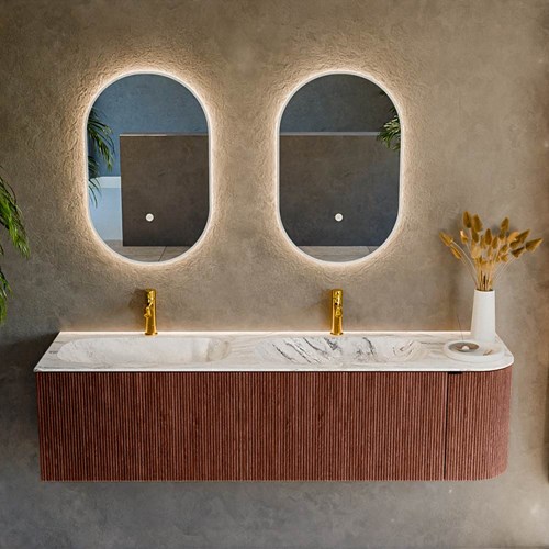 KURVE-DLUX 165cm mueble de baño curva Derecha color Ruby con 2 cajones y 1 puerta. Lavabo STOR SMALL Doble / Izquierda 2 orificios Glace.-2