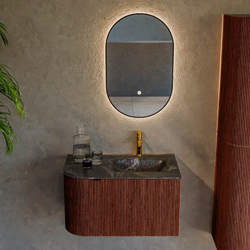 KURVE-DLUX 75cm meubles de salle de bains courbe Gauche couleur Ruby avec 1 tiroir et 1 porte. Lavabo GRUNNE Droite 1 trou pour robinetter, couleur Lava.-2