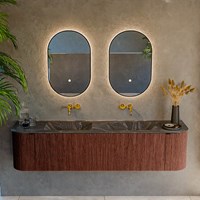 KURVE-DLUX 180cm bathroom vanity set curve Left + Right color Ruby with 2 drawers and 2 doors. Vanity top LEAF Double without tab hole, color Lava.-2