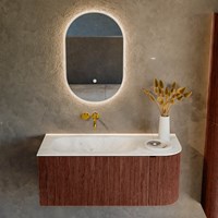 KURVE-DLUX 105cm mobili da bagno curva Destra colore Ruby con 1 cassetto e 1 porta. Lavabo BIG SMALL Sinistra senza foro per il rubinetto, colore Opalo.-2