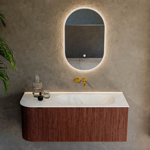 KURVE-DLUX 115cm mobili da bagno curva Sinistra colore Ruby con 1 cassetto e 1 porta. Lavabo BIG SMALL Destra senza foro per il rubinetto, colore Opalo.-2