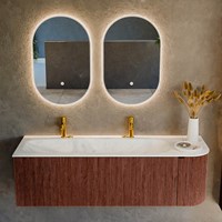 KURVE-DLUX 145cm meubles de salle de bains courbe Droite couleur Ruby avec 1 tiroir et 1 porte. Lavabo BIG LARGE Gauche 2 trous robinetterie, couleur Opalo.-2