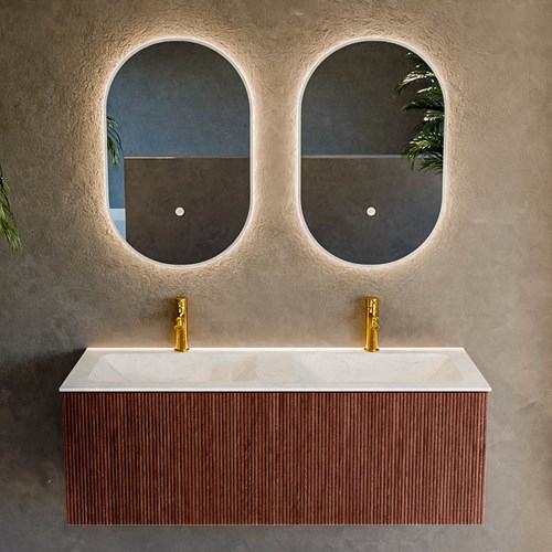 KURVE-DLUX 120cm bathroom vanity set color Ruby with 1 drawer and 0 doors. Vanity top LEAF Double 2 tab holes, color Opalo.-2
