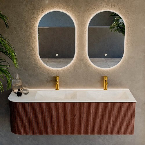 KURVE-DLUX 145cm meubles de salle de bains courbe Gauche couleur Ruby avec 1 tiroir et 1 porte. Lavabo LEAF Double / Droite 2 trous robinetterie, couleur Opalo.-2