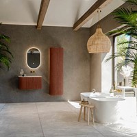 KURVE-DLUX 75cm meubles de salle de bains courbe Gauche couleur Ruby avec 1 tiroir et 1 porte. Lavabo GRUNNE Droite sans trou pour robinet, couleur Ostra.-3