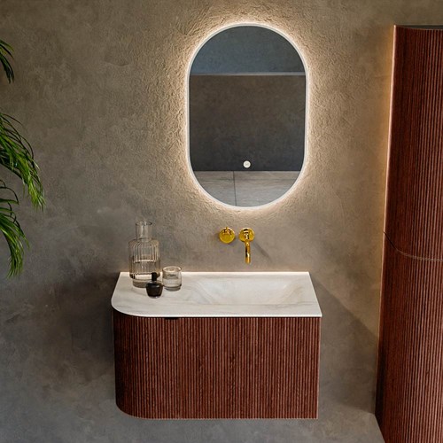 KURVE-DLUX 75cm meubles de salle de bains courbe Gauche couleur Ruby avec 1 tiroir et 1 porte. Lavabo GRUNNE Droite sans trou pour robinet, couleur Ostra.-2