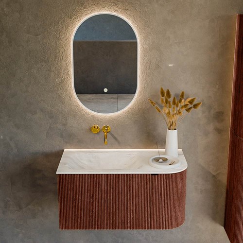 KURVE-DLUX 85cm mueble de baño curva Derecha color Ruby con 1 cajón y 1 puerta. Lavabo CLOUD Izquierda sin orificio Ostra.-2