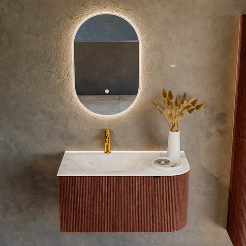 KURVE-DLUX 85cm meubles de salle de bains courbe Droite couleur Ruby avec 1 tiroir et 1 porte. Lavabo CLOUD Gauche 1 trou pour robinetter, couleur Ostra.-2