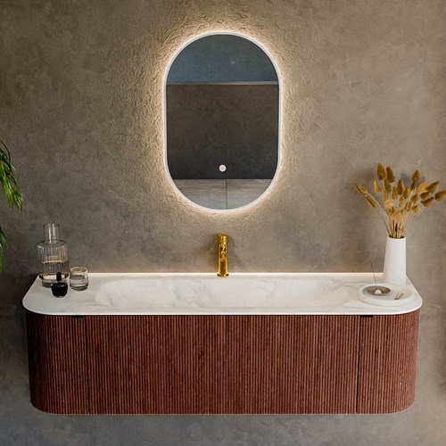 KURVE-DLUX 150cm mueble de baño curva Izquierda + Derecha color Ruby con 1 cajón y 2 puertas. Lavabo BIG MEDIUM Centro 1 orificio Ostra.-2