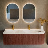 KURVE-DLUX 145cm mobili da bagno curva Destra colore Ruby con 1 cassetto e 1 porta. Lavabo LEAF Doppio / Sinistra 2 fori del rubinetto, colore Ostra.-2
