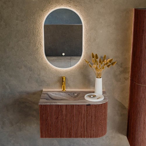 KURVE-DLUX 75cm mueble de baño curva Derecha color Ruby con 1 cajón y 1 puerta. Lavabo GRUNNE Izquierda 1 orificio Sombra.-2