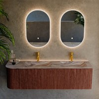 KURVE-DLUX 155cm mueble de baño curva Izquierda color Ruby con 2 cajones y 1 puerta. Lavabo LEAF Doble / Derecho 2 orificios Sombra.-2
