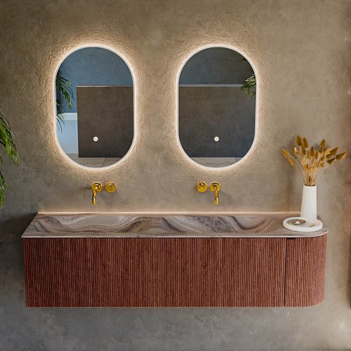 KURVE-DLUX 165cm mueble de baño curva Derecha color Ruby con 2 cajones y 1 puerta. Lavabo STOR SMALL Doble / Izquierda sin orificio Sombra.-2