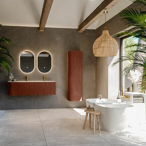 KURVE 145cm mueble de baño curva Izquierda color Ruby con 1 cajón y 1 puerta. Lavabo BIG LARGE Derecho 2 orificios Talc.-3