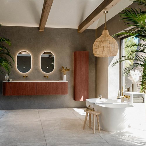 KURVE 200cm mobili da bagno curva Sinistra + Destra colore Ruby con 2 cassetti e 2 porte. Lavabo BIG SMALL Doppio senza foro per il rubinetto, colore Talc.-3