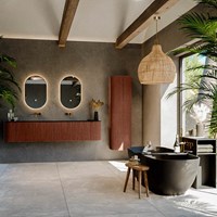KURVE 200cm meubles de salle de bains courbe Gauche + Droite couleur Ruby avec 2 tiroirs et 2 portes. Lavabo BIG SMALL Double sans trou pour robinet, couleur Urban.-3
