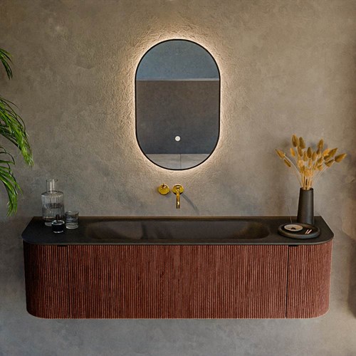 KURVE 160cm bathroom vanity set curve Left + Right color Ruby with 1 drawer and 2 doors. Vanity top BIG MEDIUM Center without tab hole, color Urban.-2