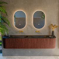 KURVE 200cm meubles de salle de bains courbe Gauche + Droite couleur Ruby avec 2 tiroirs et 2 portes. Lavabo BIG SMALL Double sans trou pour robinet, couleur Urban.-2