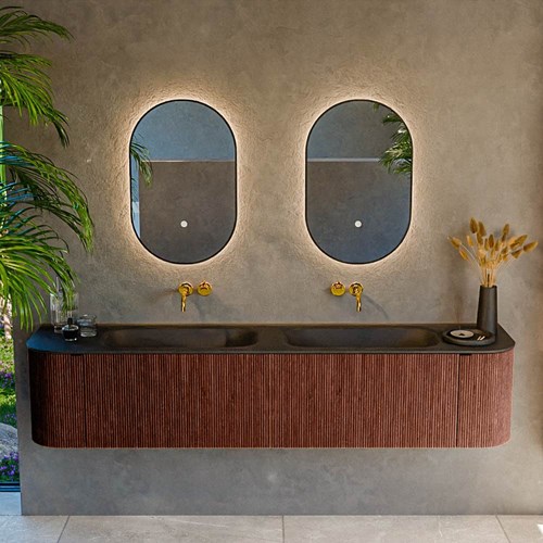 KURVE 200cm meubles de salle de bains courbe Gauche + Droite couleur Ruby avec 2 tiroirs et 2 portes. Lavabo BIG SMALL Double sans trou pour robinet, couleur Urban.-2