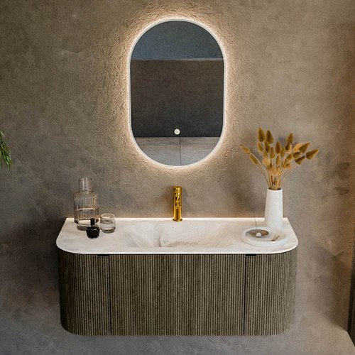 KURVE-DLUX 110cm bathroom vanity set curve Left + Right color Shadow with 1 drawer and 2 doors. Vanity top CLOUD Center 1 tab hole, color Frappe.-2
