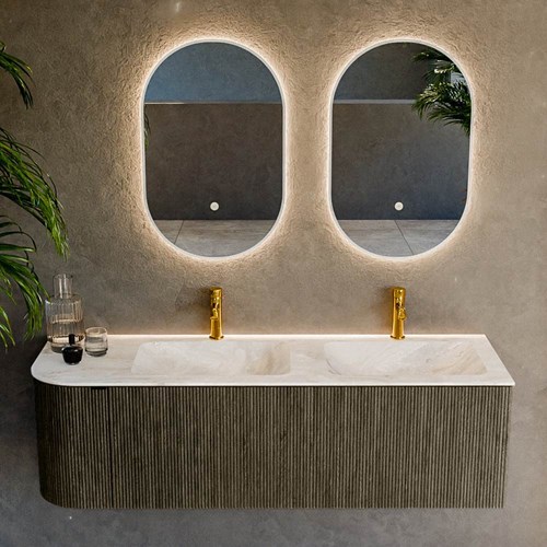 KURVE-DLUX 145cm badmöbel kurve Links farbe Shadow mit 1 schublade und 1 tür. Einbauwaschbecken LEAF Doppelt / Rechts 2 hahnlöcher Frappe.-2