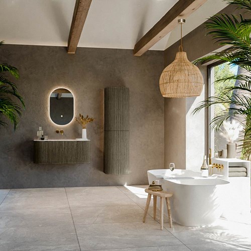 KURVE-DLUX 100cm meubles de salle de bains courbe Gauche + Droite couleur Shadow avec 1 tiroir et 2 portes. Lavabo GRUNNE Centrée sans trou pour robinet, couleur Glace.-3