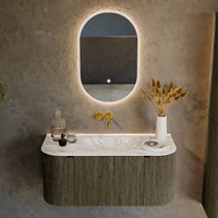 KURVE-DLUX 100cm meubles de salle de bains courbe Gauche + Droite couleur Shadow avec 1 tiroir et 2 portes. Lavabo GRUNNE Centrée sans trou pour robinet, couleur Glace.-2