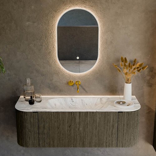 KURVE-DLUX 130cm badmeubel ronding Links + Rechts kleur Shadow met 1 lade en 2 deuren. Wastafel BIG SMALL Midden zonder kraangat Glace.-2