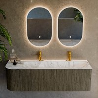 KURVE-DLUX 145cm meubles de salle de bains courbe Gauche couleur Shadow avec 1 tiroir et 1 porte. Lavabo BIG LARGE Droite 2 trous robinetterie, couleur Glace.-2