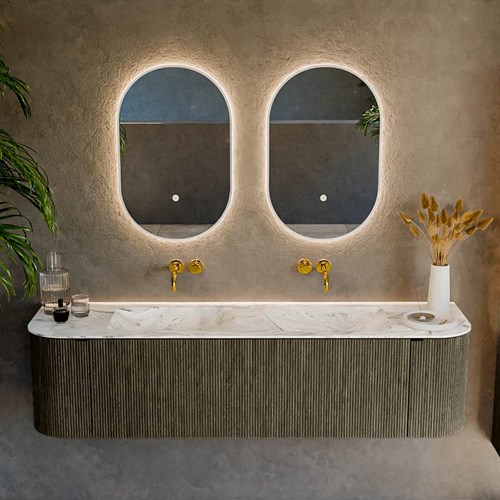KURVE-DLUX 170cm bathroom vanity set curve Left + Right color Shadow with 1 drawer and 2 doors. Vanity top LEAF Double without tab hole, color Glace.-2