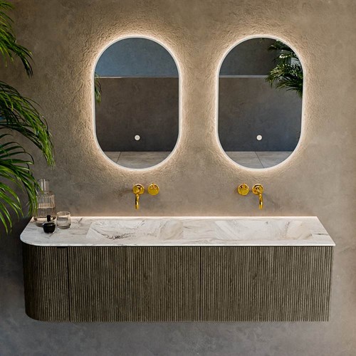 KURVE-DLUX 155cm mobili da bagno curva Sinistra colore Shadow con 2 cassetti e 1 porta. Lavabo LEAF Doppio / Destra senza foro per il rubinetto, colore Glace.-2