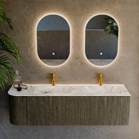 KURVE-DLUX 155cm meubles de salle de bains courbe Gauche couleur Shadow avec 2 tiroirs et 1 porte. Lavabo LEAF Double / Droite 2 trous robinetterie, couleur Glace.-2