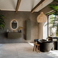 KURVE-DLUX 120cm mobili da bagno curva Sinistra + Destra colore Shadow con 1 cassetto e 2 porte. Lavabo BIG SMALL Centro 1 foro per rubinetto, colore Lava.-3
