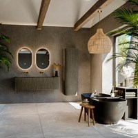 KURVE-DLUX 145cm meubles de salle de bains courbe Droite couleur Shadow avec 1 tiroir et 1 porte. Lavabo LEAF Double / Gauche sans trou pour robinet, couleur Lava.-3
