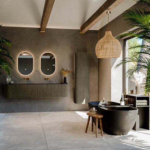 KURVE-DLUX 190cm meubles de salle de bains courbe Gauche + Droite couleur Shadow avec 2 tiroirs et 2 portes. Lavabo STOR SMALL Double sans trou pour robinet, couleur Lava.-3